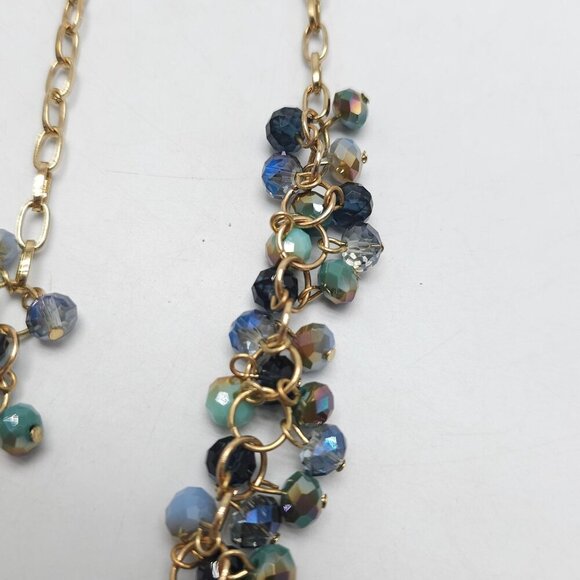 Long Crystal Beaded Gold Tone Chain Necklace With Blue Glass Beads Lobster Clasp - Picture 4 of 7